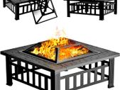 Fire Pits for Garden, Multifunctional 3 in 1 Bbq Fire Pits Table, Metal Square Outdoor Wood & Charcoal Burning Fire Pits With Mesh Screen Lid and Poker for Heating BBQ Bonfire Drink Cooling