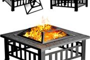 Fire Pits for Garden, Multifunctional 3 in 1 Bbq Fire Pits Table, Metal Square Outdoor Wood &amp; Charcoal Burning Fire Pits With Mesh Screen Lid and Poker for Heating BBQ Bonfire Drink Cooling