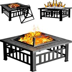 Fire Pits for Garden, Multifunctional 3 in 1 Bbq Fire Pits Table, Metal Square Outdoor Wood & Charcoal Burning Fire Pits With Mesh Screen Lid and Poker for Heating BBQ Bonfire Drink Cooling