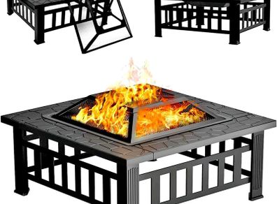 Fire Pits for Garden, Multifunctional 3 in 1 Bbq Fire Pits Table, Metal Square Outdoor Wood & Charcoal Burning Fire Pits With Mesh Screen Lid and Poker for Heating BBQ Bonfire Drink Cooling