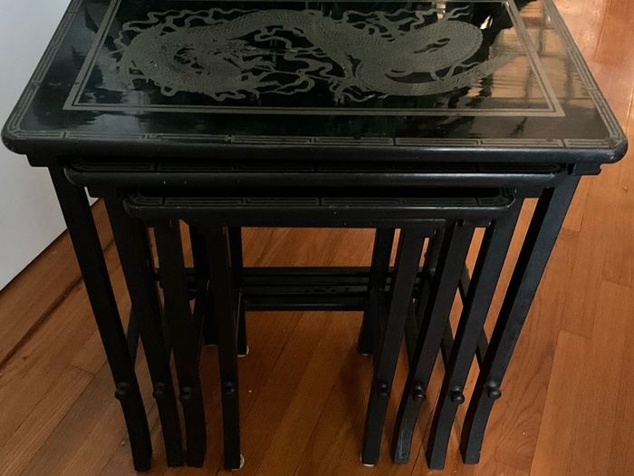 Vintage Oriental Set of 4 Black Lacquered Nest of Tables