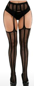 Black Fishnet Stockings With Garter Belt, High-Waisted with Suspender.Size L 14-16