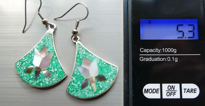 Vintage Alpaca Mexico Turquoise & Abalone Inlaid Silver Earrings