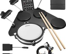 Electronic Drum Set, Portable Electric Drum Set for Beginner with Quiet Mesh Snare Drum Pads, 220+ Sounds, USB MIDI, 2 Switch Pedal, Electric Drum Kit with Sticks, Travel Bag