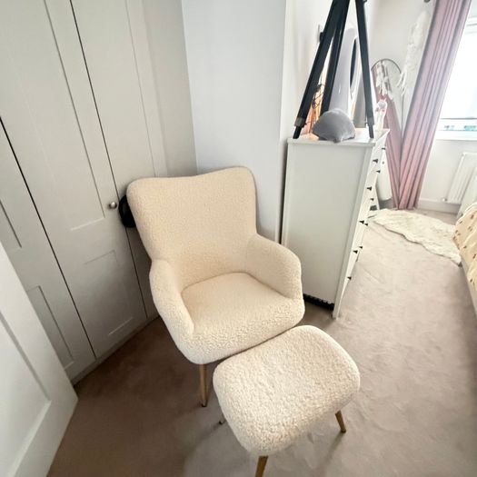 Sheep skin arm chair and foot stool