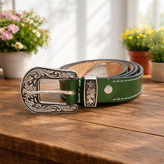 Unisex Premium Green Genuine Leather Belt Vintage Engraved Silver Buckle