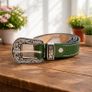 Unisex Premium Green Genuine Leather Belt Vintage Engraved Silver Buckle Image 3