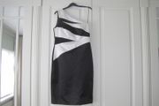 Designer Asymmetric Black Satin Dress with Cream/White Diagonal Striped Bodice.