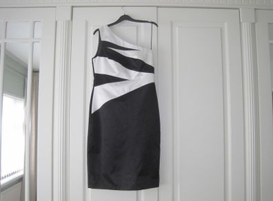 Designer Asymmetric Black Satin Dress with Cream/White Diagonal Striped Bodice.