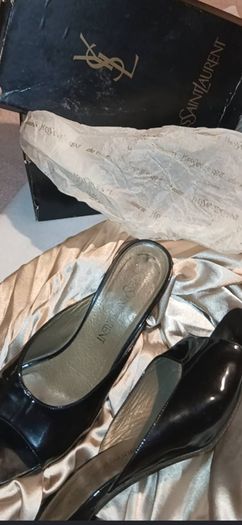 vintage 80s style YSL peep toe black painted heels worn come with original box wrapping and card .would love a new home for someone who understands good quality fashion.