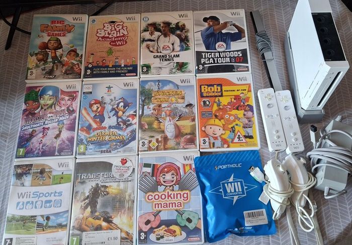 Nintendo Wii Bundle , 11 Games, 2 Controllers, HDMI Converter