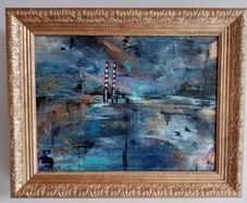 Original Irish art Poolbeg Chimneys Framed in Gold frame