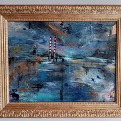 Original Irish art Poolbeg Chimneys Framed in Gold frame