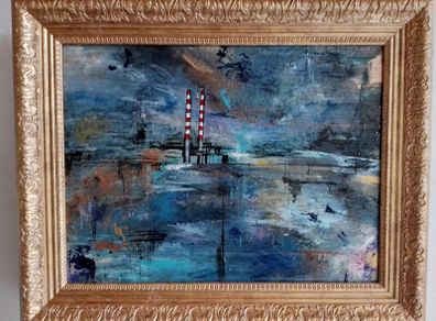 Original Irish art Poolbeg Chimneys Framed in Gold frame