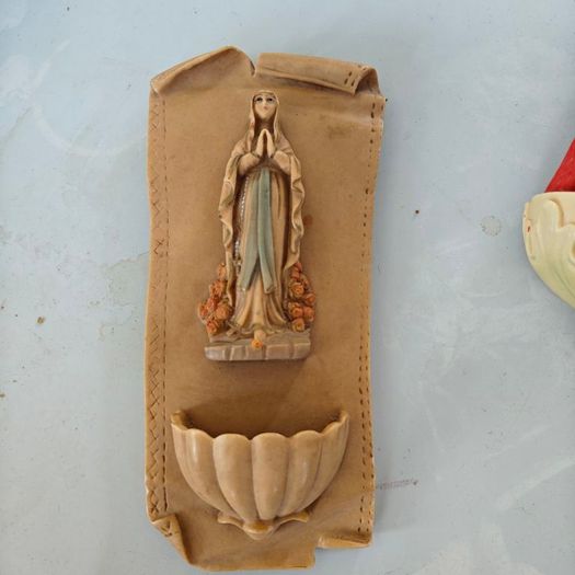 Pair of Holy Water fonts, Child of Prague and Our Lady, devotional item,
