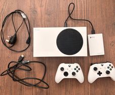 Xbox Series S with Xbox official Seagate 2TB game drive and two Xbox controllers