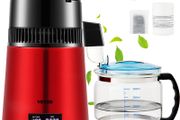 4 L Water Distiller, 1 L/H, 750W Distilled Water Maker Machine with 0-99 H Timing Setting Temp Display, 304 Stainless Steel Countertop Distiller Glass Carafe Cleaning Powder 3 Carbon