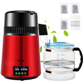 4 L Water Distiller, 1 L/H, 750W Distilled Water Maker Machine with 0-99 H Timing Setting Temp Display, 304 Stainless Steel Countertop Distiller Glass Carafe Cleaning Powder 3 Carbon