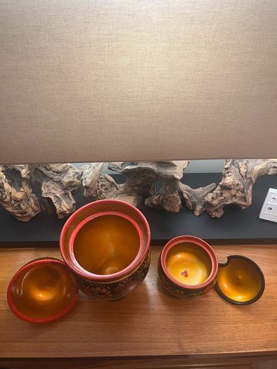 Vintage Khokhloma Hand Painted Wooden Tea & Sugar