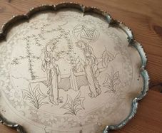 Antique Hand Engraved brass tray Chineese Scene.