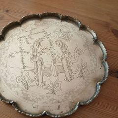 Antique Hand Engraved brass tray Chineese Scene.