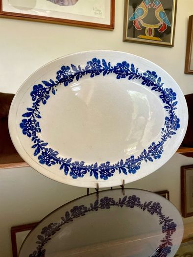 Vernacular Blue and White Spongeware  Floral Platter Unmarked 30 cm