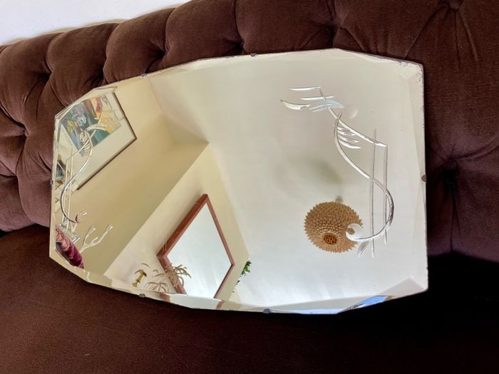 Large Vintage Mid Century Bevelled Mirror with Chain Reverse Etched Chinoiserie Detail