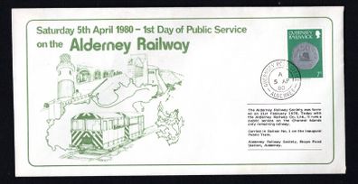 1980 Alderney Cover to Commemorate the 1st Day of Public service of the Alderney Railway on Saturday 5th April 1980 tying 7p Definitive stamp