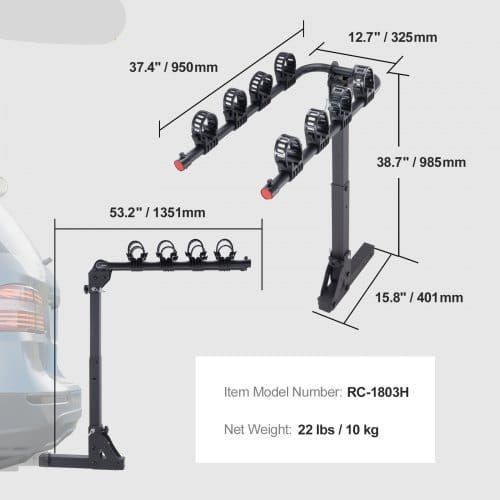 Hitch Mount Bike Rack, 4-Bike Carrier Rack, 150 LBS Capacity Bike Rack Hitch for 2-inch Receiver, Titling and Folding Bike Carrier with No-Wobble U Bolt and Strap, for Car, SUV, Truck, RV