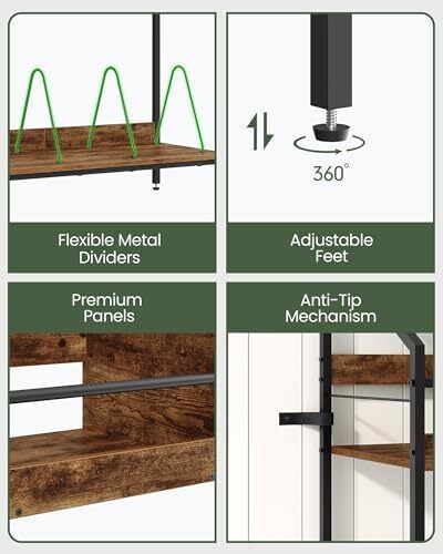 2-Tier Vinyl Record Storage Holder Rack, 250 LP Albums Display Shelf, Wooden Vinyl Storage Rack with Wire Dividers for Records, CDs, Books, Rustic Brown and Black