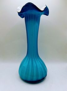 Vintage 1970s art glass marine blue ribbon vase