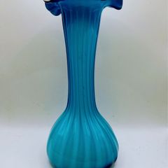 Vintage 1970s art glass marine blue ribbon vase