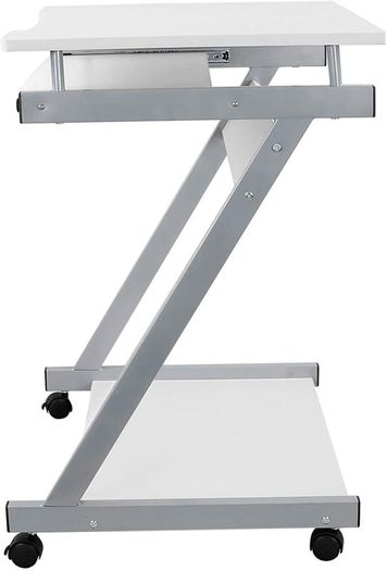 _desk, computer table with 4 castors, 2 of them with brakes, PC table easy-to-use keyboard pull-out, easy assembly, space-saving Z-shaped PC table, white