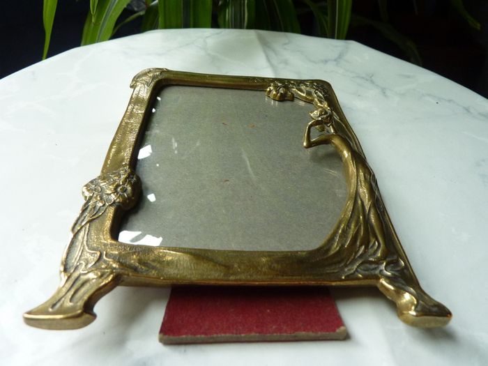 Original Art Nouveau Brass Dressing Table Pieces. Photo Frame and Repousse Tray
