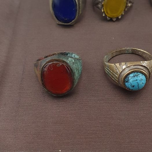 Antique Brass Rings Lot of 15 Mixed Gemstone & Glass Collectible Rings