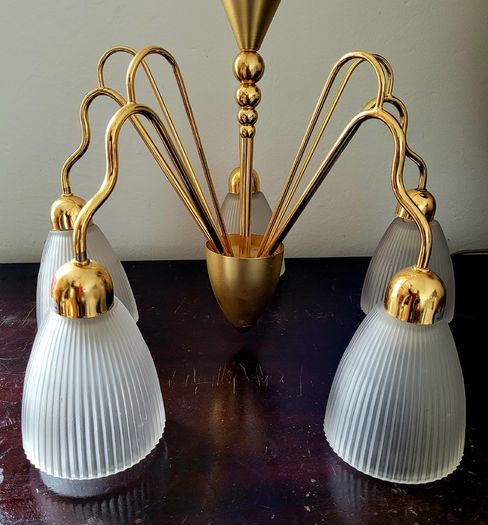 Vintage 60s style brass & glass 5 arm light fitting