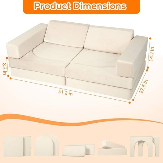 10-Pieces Kids Play Sofa, Modular Toddler Chair Couch, Beige Toddler Couch with Fold Out Foam Design, Convertible Sectional Playset For Girls Boys Bedroom Playroom