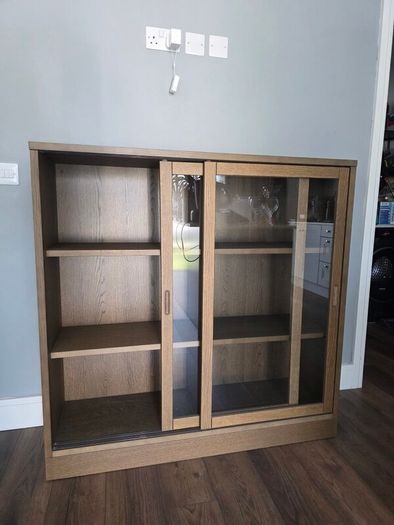 Ikea Cabinet with sliding glass doors, oak veneer 121x37x120 cm