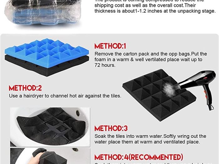 Acoustic Foam Tiles, 24 Packs Soundproof Studio Foams 25x25x5CM Blue and Black Pyramid Acoustic Panels Home Studio Sound Treatment (FREE POSTAGE)