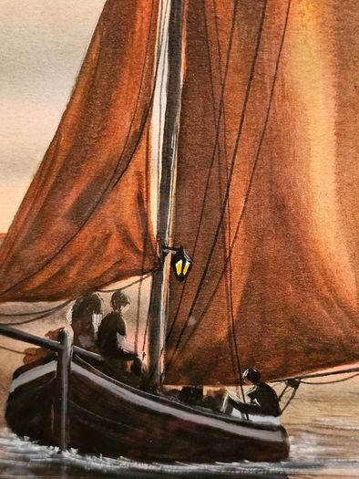 Original Painting , Watercolour by Helen Mulkerns (1996) - Galway Hooker at Sunset