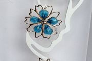 Gold &amp; Teal Sakura Blossom Floral Statement Earrings