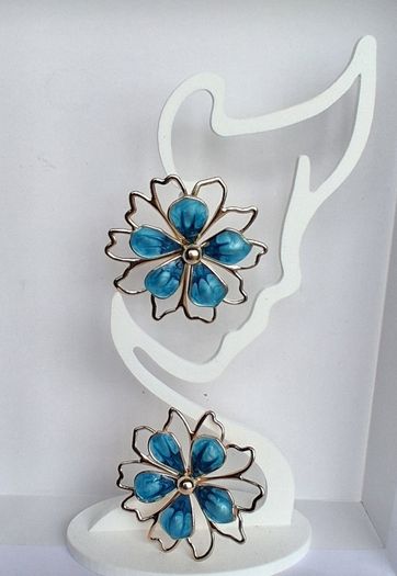 Gold & Teal Sakura Blossom Floral Statement Earrings
