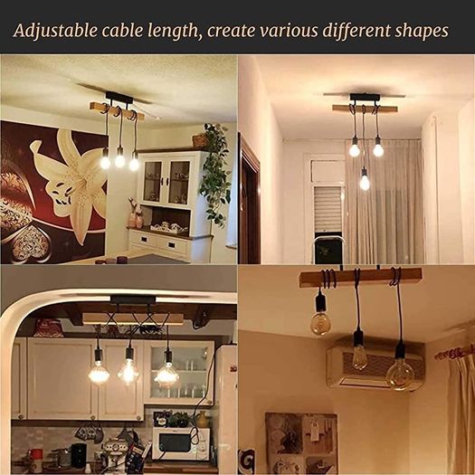 Industrial Wood Pendant Light with 3 Heads Adjustable Pendent Chandelier Light Vintage Semi Flush Ceiling Light Living Room E27 Bulb Drop Light Kitchen Dining Room Black Hanging Light (FREE POSTAGE)