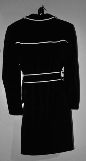 Harve Benard Raincoat, Womens Small, Black w White Piping, belted, knee-length