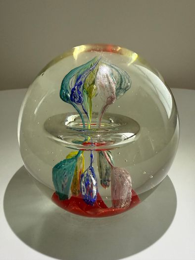 Vintage Hand Blown Art Glass Floating Ring Flower Paperweight