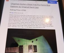 Chapman Guitars Ghost Fret Flame Blue Explorer.