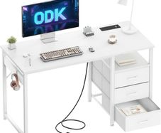 120cm Computer Desk with Drawers Office 2 Sockets USB Ports Reversible PC Table Storage Study for Home Bedroom White