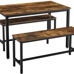 _Dining Table Kitchen Table Set 110 x 70 x 75 cm with 2 Benches 97 x 30 x 50 cm Metal Frame Kitchen Living Room Dining Room Industrial Design Vintage Brown Black