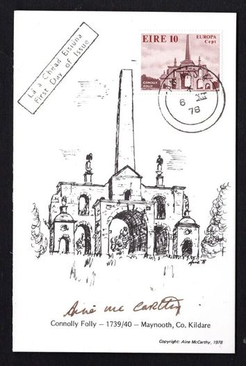 1978 Ireland Europa Architecture Commemorative Stamps Maximum Cards signed by designer Aine McCarthy with First Day Cover (FDC) cancel from Inis (Ennis, Co. Claire)
