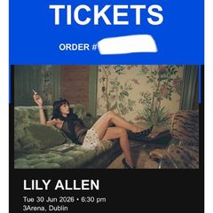 X2 Standing Tickets, Lily Allen, Tues 30 June, 3Arena